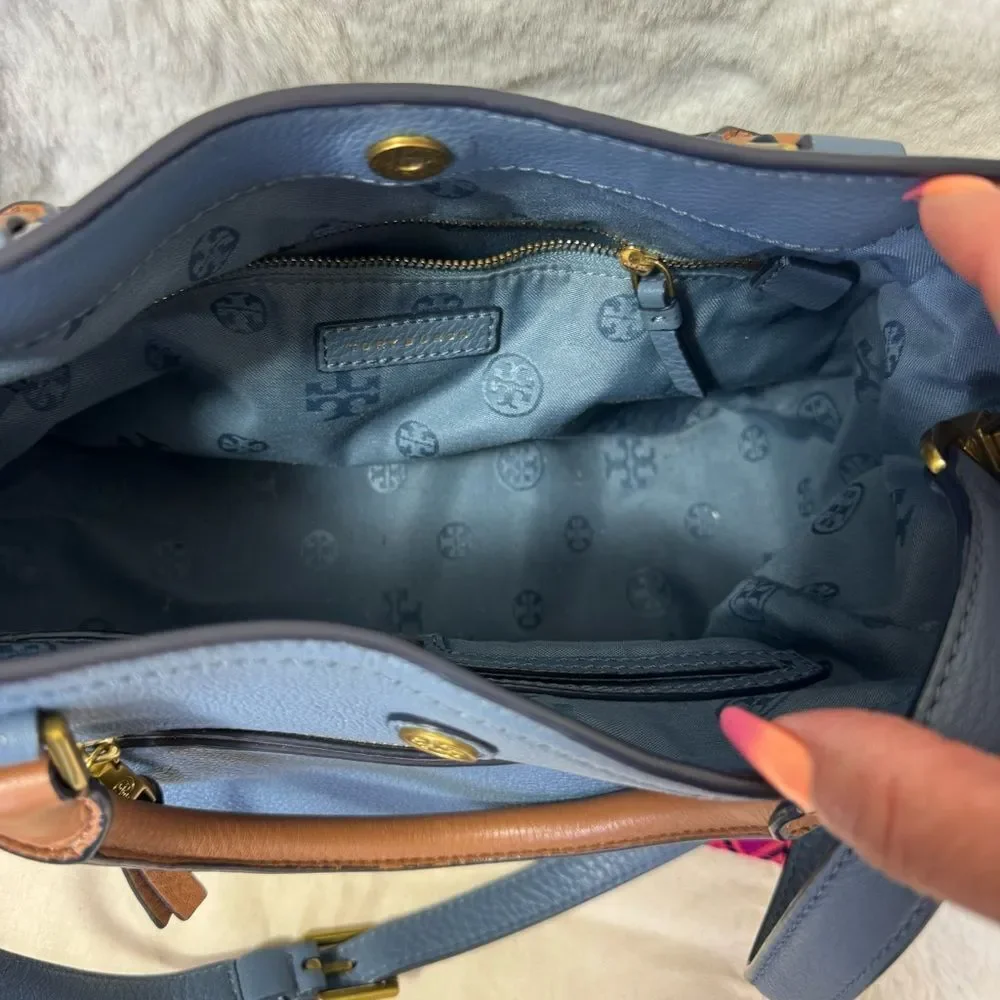 Tory Burch Frances Leather Satchel Tote in Comet Blue w/ White and Brown Trim